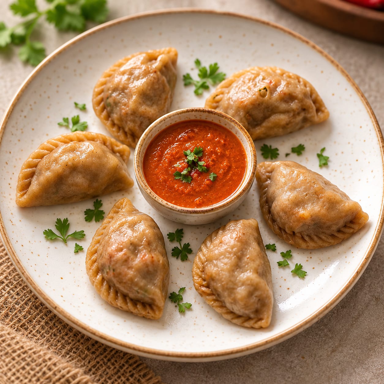 Momos served with dipping sauce